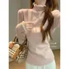 Suéter de Punto con Cuello Semi-Alto de Encaje y Mangas Largas para Mujer, Nuevo Invierno Ajustado Color Sólido Estilo Coreano de Moda