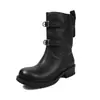 Botas Martin de cuero lavado de primera capa para mujer, botas de motociclista, nuevo estilo otoño/invierno, punta redonda, tacón medio, con hebilla, botas de media pantorrilla