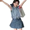 Camisa Xadrez Azul Retrô Japonesa de Manga Curta para Meninas, Conjunto de Saia Jeans Casual de Verão para Crianças Maiores, Roupa Infantil Transfronteiriça