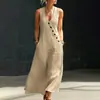 Primavera y Verano 2026 Tiktok Transfronterizo Hecho a Medida Estilo Perezoso Cuello en V Botones Algodón y Lino Vestido Largo Vestido Chaleco sin Mangas