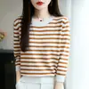 26 Novas Cores de Primavera e Verão Color-Blocking Algodão Puro Listrado Moda Jovem Tricô Manga Longa Gola Redonda Suéter Top Feminino
