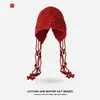 Chapéu de Lã Fashion com Borla e Pom-Pom Feito à Mão para Mulheres, Chapéu de Tricô Quente com Proteção para Ouvidos e Circunferência de Cabeça Grande