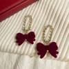 Pendientes de lazo de flor flocado rojo vino otoño e invierno nicho festivo elegantes dulces para todo aguja de plata