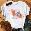 Camiseta de verano de manga corta para mujer, estilo europeo y americano, color rosa, con estampado de tacones altos, camiseta blanca de manga corta, talla grande para mujer