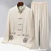 Novo Traje Tang de Seda Gelada Estilo Chinês para Primavera e Verão para Homens, Meia-Idade e Idosos, Roupa Retrô de Manga Longa para Pai, Conjunto Hanfu Vovô Estilo Chinês