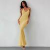 Vestido Largo de Moda Transfronterizo 2025 con Cuello en V Espalda Descubierta Sexy con Abertura Alta Vestido Halter Hermosa Espalda Vestido de Punto con Cuello Halter