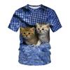 Camiseta de verano con cuello redondo y estampado digital 3D de gato, holgada e informal, de manga corta para hombre