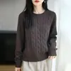 Suéter de tricô trançado com gola redonda em fio de algodão puro espesso, estilo casual para mulheres, manga longa, blusa básica solta, suéter estiloso e que rejuvenesce