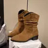 Botas Western de Cano Curto Apontadas para Mulheres, Botas de Cowboy, Estilo Vintage Outono e Inverno, Emagrecimento e Alongamento das Pernas, Novo Design Franzido com Pregas Elegantes