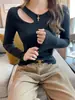 Camiseta Base Hueca de Manga Larga para Mujer Primavera/Otoño 2026, Cuello Redondo Negro, Corte Ajustado, Elegante Camiseta Superior de Estilo Americano Única