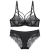 Conjunto de sujetador de encaje transparente ultrafino estilo europeo y americano para mujer, diseñado para hacer que los senos grandes parezcan más pequeños, con soporte antigravedad y elevación, conjunto de lencería sexy