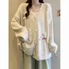 Cardigã macio de tricô com laço doce e jovial estilo francês para mulheres, plus size, comprimento médio, casaco suéter estilo casual
