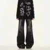 Jeans acampanados lavados con estampado de rayo estilo retro americano para mujer, pantalones versátiles de pierna recta de cintura alta de pierna ancha acampanados para primavera y otoño