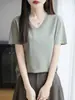 Camiseta de Manga Corta 100% Algodón para Mujer 2026 Verano Nuevo Estilo Color Sólido Cuello en V Top Holgado Estilizado que Cubre la Barriga Talla Grande