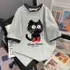 Verano Nuevo 2025 Camiseta de Manga Corta Talla Grande con Estampado de Gato Negro de Dibujos Animados Look Adelgazante Holgado Marca Trendy Top Versátil Manga Media