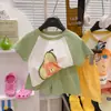 Conjunto de Duas Peças de Camiseta de Manga Curta Respirável 100% Algodão e Shorts de Verão para Crianças, Top Casual Soltinho com Desenho para Meninos e Meninas