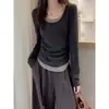 Camiseta de Manga Larga de Terciopelo Alemán Falsa de Dos Piezas para Mujer, Ropa Interior Ajustada, Chic de Nicho, Camiseta Básica Versátil, Venta al por Mayor Transfronteriza Otoño e Invierno