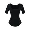 Estilo Garota Quente Sexy Justo ao Corpo Camiseta de Decote Quadrado Manga Média para Mulheres no Verão Estilo Pura Luxúria Look Emagrecedor Bainha Curva Top