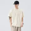 Camisa Polo de Verão para Homens, Estilo Retro Americano, Gola Henley, Manga Curta, Camiseta de Algodão Puro Pesado, Caimento Solto, Top de Cor Sólida