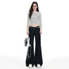 Jeans Acampanados Retro de Doble Botón Azul Oscuro para Mujer, Nuevo Estilo Otoño 2026, Tiro Bajo, Caída Suelta, Pantalones de Campana Largo hasta el Suelo