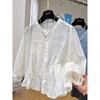 Top feminino azul novo, estilo estrangeiro chique, com mangas de sete quartos, gola redonda e mangas bufantes, para o verão, tea-in-tea único, de alta qualidade