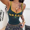 Verano Nuevo de Moda Estilo Callejero Estampado de Letras Brasileñas Chica Atrevida Ajustada que Muestra la Cintura Bloques de Color Camisola Ropa de Mujer Venta al por Mayor