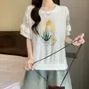 Camiseta Casual Versátil de Encaje Hueco de Algodón Puro de Manga Corta para Mujer, Nuevo Top de Verano Talla Grande Adelgazante de Media Manga Tendencia