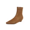 Botas Finas de Camurça para Mulheres, Botas Curtas Elásticas, Novas Botas de Salto Anabela com Zíper Lateral e Bico Quadrado para Outono e Inverno, Botas Curtas Elásticas Femininas