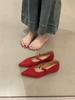 Sapatos Femininos Vermelhos Bico Fino Estilo Francês 2025 Primavera e Outono Novos Sapatos Mary Jane Retrô Salto Escondido Sapatilhas