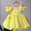 Vestido Amarillo para Bebé Niña Vestido para el Primer Cumpleaños de Niños Manga Abullonada Lazo Vestido de Princesa Elegante Vestido Abullonado