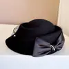 Estilo Hepburn Cadena de Perlas Malla Lazo Top Cóncavo Boina Niños Otoño e Invierno Lana Australiana Sombrero de Copa Doble Modo Sombrero de Fieltro Moda