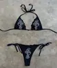 Bikini de dos piezas negro sexy y caliente para chica, estilo europeo y americano de verano, playa, gótico, retro oscuro, con tirantes halter