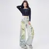 Primavera 2026 Nuevo Estilo Pantalones de Pierna Ancha Estampados de Artesanía Pesada Pantalones Rectos para Mujer Jeans de Estilo Retro Sexy Ropa para Mujer