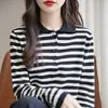 Nuevo Top de Punto de Algodón Rayado de Manga Larga para Mujer, Color Block Otoño, Adelgazante, Camiseta de Punto, Transfronterizo, Cuello POLO, Suéter Holgado