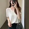 Camiseta de ganchillo hueca con cuello en V de seda helada de manga corta para mujer, nuevo estilo de verano, holgada, fina, transpirable, top base de hombro regular
