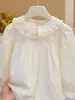 Camisa Casual de Algodón Puro con Encaje para Niñas, Estilo Coreano Otoño Nuevo, Blusa de Moda para Bebé Niña, Top para Niños, Ropa Moderna para Niños