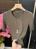 Elegante cuello redondo bajo, manga tres cuartos, top básico para mujer, elegante y versátil, color liso, camiseta de manga corta suave y acogedora de otoño