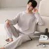Pijama de algodón puro, manga larga y pantalón largo, conjunto de dos piezas para hombre de verano con cuello redondo, conjunto de dos piezas de ropa para el hogar 100% algodón transmitido en vivo