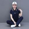 Puro Algodão Stretch Moda Casual Camisa Polo de Manga Curta Terno Casual Verão Feminino Emagrecimento Solto Terno de Duas Peças