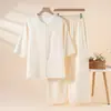 Distribuido y distribuido en nombre de otros: Ropa de casa para mujer para primavera y verano, con cuello de volantes, top de manga corta estampado y pantalones largos, holgada, cómoda, pijama casual