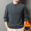 Moletom Espesso com Gola Alta de Um Botão e Forro de Lã para Homens, Moda Casual Versátil para Outono e Inverno, Camisa Base Top Quente para Homens