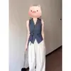 Colete Xadrez Azul com Gola V e Laço Estilo Retro Hot Girl para Mulheres, Peça de Sobrepor de Verão, Top Slim Fit sem Mangas