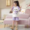 Pijama Feminino Infantil Desenho Animado Fino Manga Curta Algodão Puro Crianças Médias e Grandes Roupa Casual de Casa Verão Conjunto Pai e Filho