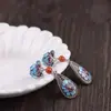 Estilo Étnico Coloridos Retro Pendientes de Gota de Agua Flor de Peonía Pendientes de Seda Azul Quemado Pendientes Chapados en Oro Blanco Pendientes de Regalo