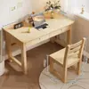 Mesa de madeira maciça para uso doméstico, mesa de computador em cor de madeira natural com gavetas duplas, mesa de escrita simples para estudantes para quarto, estudo, escritório e aprendizado