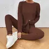 Conjunto de Duas Peças Transfronteiriço para Mulheres Outono 2026 Nova Moda Casual Elegante Solto Gola Redonda Conjunto de Malha Canelada