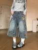 Pantalones Vaqueros Cortos Rectos de Pierna Ancha Sueltos Bordados de Dibujos Animados Lavados Retro Americanos para Hombres y Mujeres Pantalones de Verano de Moda