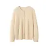 Moda estilo coreano cárdigan 100% cachemira con patrón ondulado, abrigo nuevo de otoño color liso con cuello redondo, top de punto de manga larga