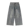 Roupas Masculinas Magic Bear Nicho Americano High Street Estilo Ro Jeans com Rasgos Cruzados Lavagem Pesada Calças Largas