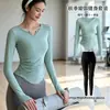 Conjunto de roupa de yoga com efeito de afinar a cintura e emagrecimento, top esportivo feminino com decote V, camiseta de secagem rápida, calça de treino justa, conjunto fitness de duas peças